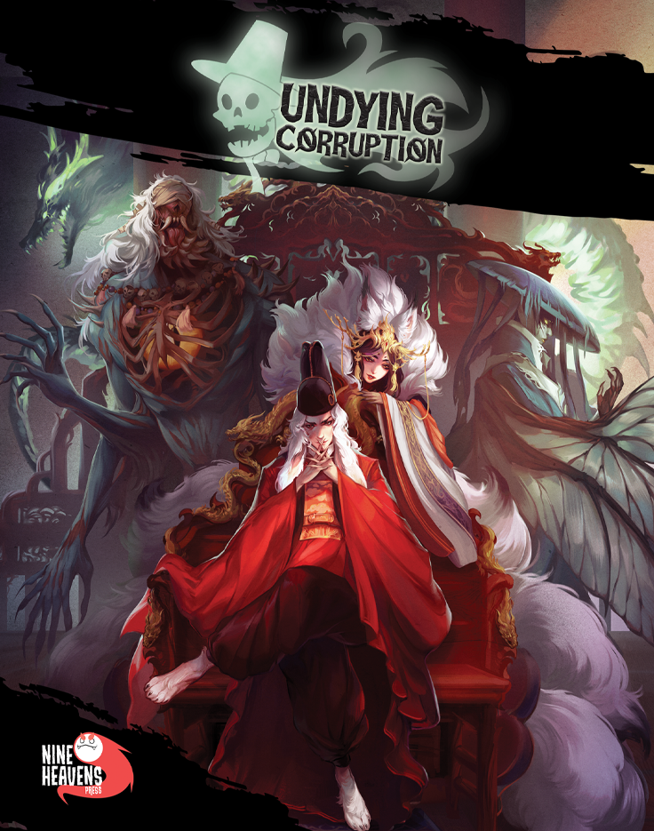 D&D 5E: Undying Corruption (PREORDER) - Dark fantasy book cover with a hooded figure in red cloak wielding a staff, surrounded by ghostly, monstrous creatures and.
