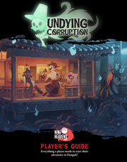 D&D 5E: Undying Corruption: Player's Guide (PREORDER) - Dark fantasy cover art with glowing green skull logo, featuring adventurers fighting ghostly enemies on a wooden porch at.