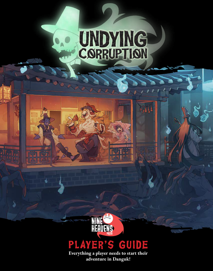 D&D 5E: Undying Corruption: Player's Guide (PREORDER) - Dark fantasy cover art with glowing green skull logo, featuring adventurers fighting ghostly enemies on a wooden porch at.