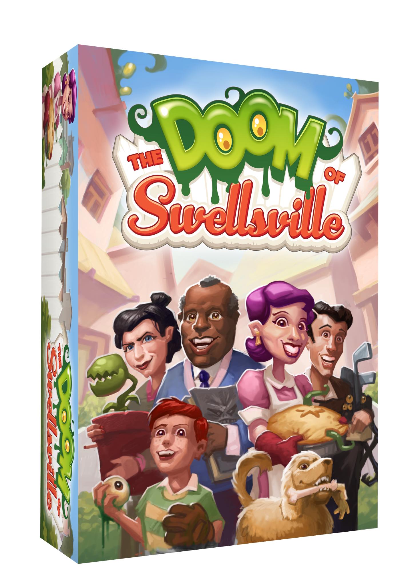 The Doom of Swellsville (PREORDER) - Colorful game box for The Doom of Swellsville featuring animated characters and whimsical town backdrop.