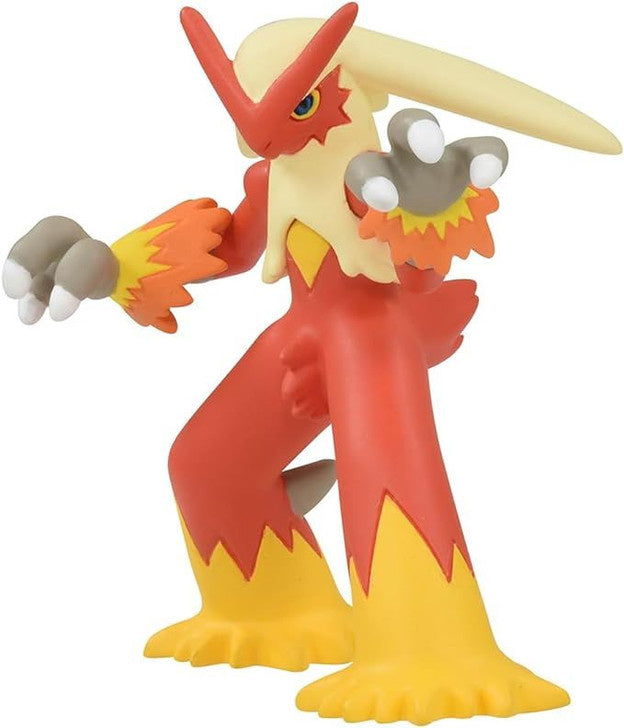 Takaratomy Pokemon Figure Collection - Blaziken - Blaziken figure with red and yellow body, long cream-colored head feathers, and gray fists raised in action pose.