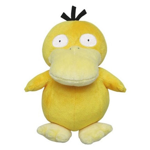 Pokémon All Star Collection - Psyduck Plush - Soft yellow Psyduck plush with large pale yellow bill, round white eyes, and three black hair tufts on head.