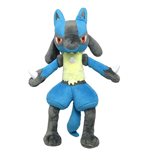 Pokémon All Star Collection - Lucario Plush, 12" - Blue and black Lucario plush with red eyes, yellow chest fur, and white spikes on arms, 12 inches tall.
