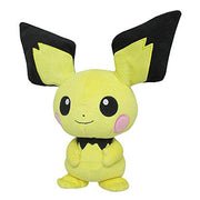 Pokémon All Star Collection - Pichu Plush, 8" - Soft yellow plush Pichu with large black-tipped ears, pink cheeks, and black neck fur, 8 inches tall.
