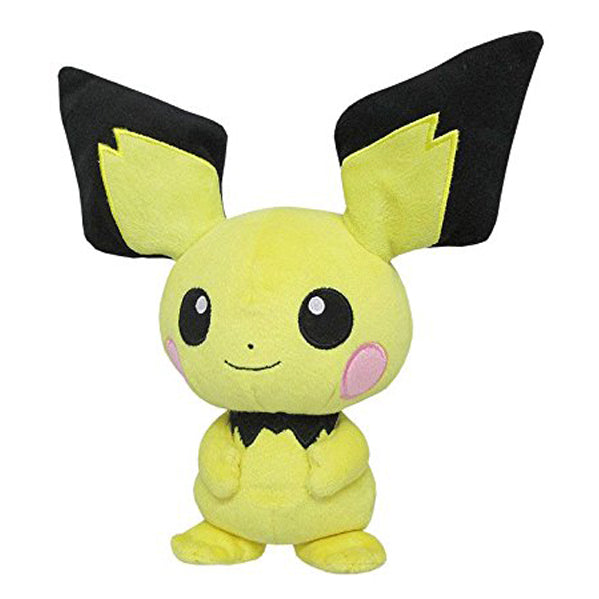 Pokémon All Star Collection - Pichu Plush, 8" - Soft yellow plush Pichu with large black-tipped ears, pink cheeks, and black neck fur, 8 inches tall.