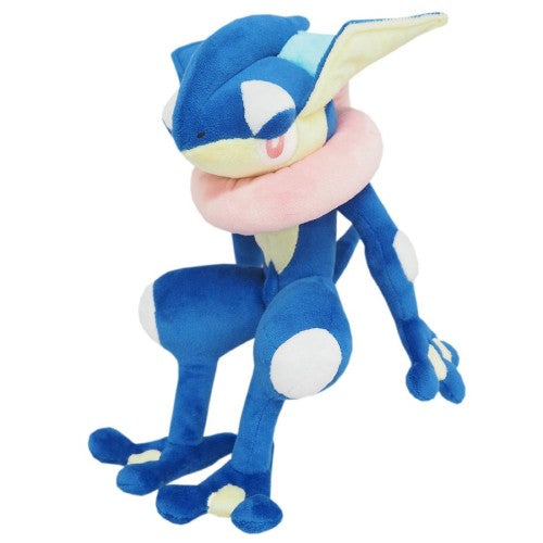 Pokémon All Star Collection - Greninja Plush, 9" - Blue and cream Greninja plush with pink tongue scarf and large red eyes, 9 inches tall.