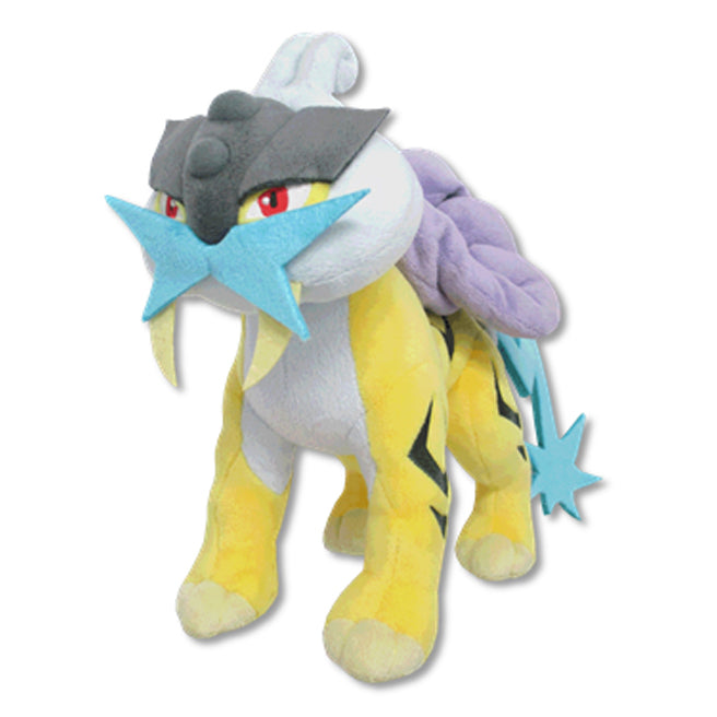 Pokémon All Star Collection - Raikou Plush, 7.5" - Yellow and white Raikou plush with purple cloud-like back and blue star-shaped mouthpiece, 7.5 inches tall.