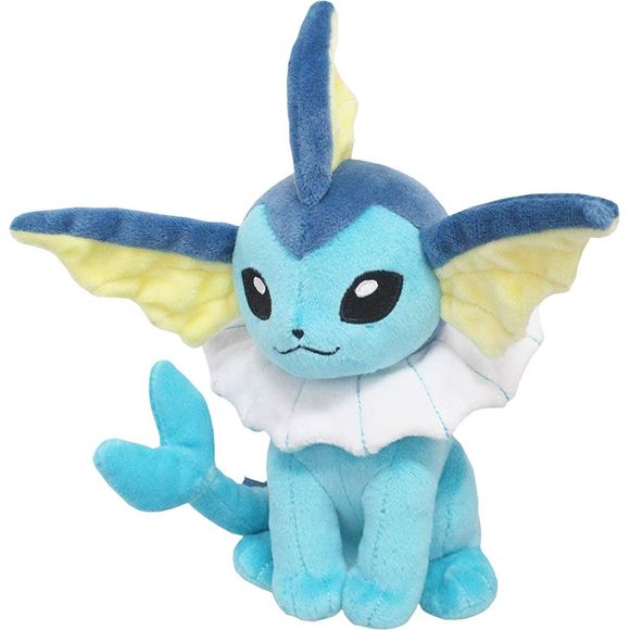 Pokémon All Star Collection - Vaporean Plush, 7.5" - Soft plush Vaporeon toy in light blue with large dark eyes, cream-colored ear fins, and a white ruffled collar.