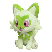 Pokémon All Star Collection - Sprigatito Plush, 6" - Green and cream plush of Sprigatito Pokémon with pink eyes and sitting position, 6-inch tall.