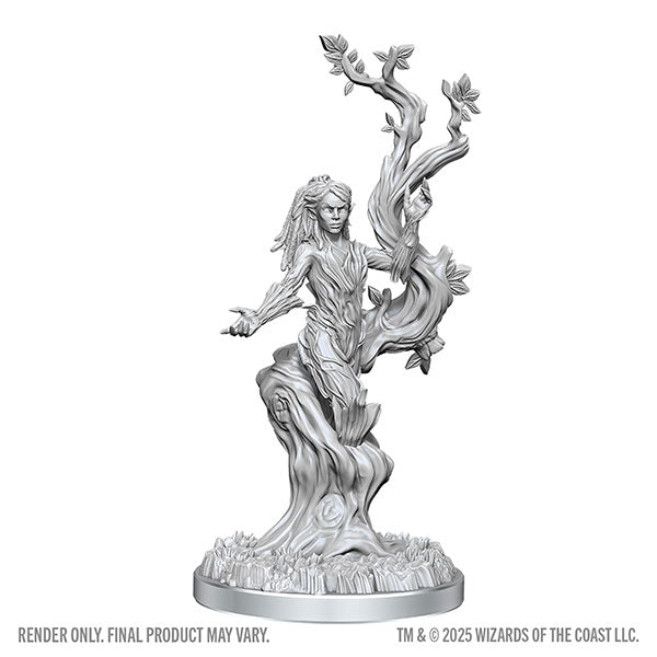 D&D Nolzur's Marvelous Miniatures: Satyr & Dryad - Unpainted resin miniature of a dryad entwined with a twisting tree trunk, detailed bark texture and flowing hair.