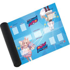 Playmat: Oshi Push - 2-Player Tenma & Pippa - Blue rectangular gaming playmat with anime-style characters Tenma and Pippa, grid layout, and black rolled edge.