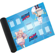 Playmat: Oshi Push - 2-Player Tenma & Pippa - Blue rectangular gaming playmat with anime-style characters Tenma and Pippa, grid layout, and black rolled edge.