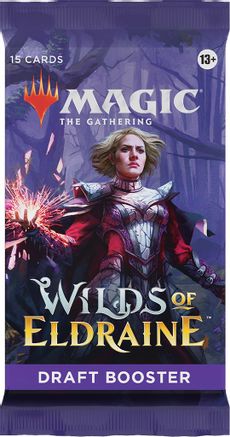 Magic: The Gathering - Wilds of Eldraine - Draft Pack - The Gathering Wilds of Eldraine draft booster pack with purple background and fantasy warrior illustration.