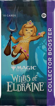 Magic: The Gathering - Wilds of Eldraine - Collector Pack - The Gathering Wilds of Eldraine Collector Booster pack with a purple and blue wrapper featuring a gingerbread character.