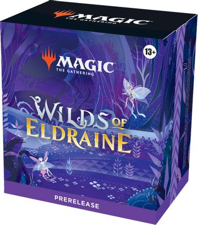Magic: The Gathering Wilds of Eldraine Pre-Release Kit - The Gathering Wilds of Eldraine prerelease kit box with fairy and forest illustrations.