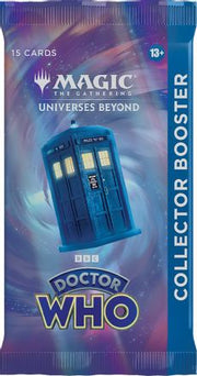Magic: The Gathering - Doctor Who - Collector Pack - The Gathering Doctor Who Collector Booster pack with TARDIS illustration and 15 cards label.