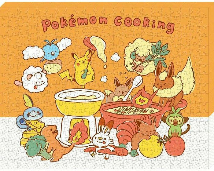 Puzzle: Pokemon "Pokemon Cooking" Artboard Jigsaw (PREORDER) - Colorful Pokémon-themed jigsaw puzzle featuring Pikachu, Eevee, and others cooking together around a large pot on an orange.