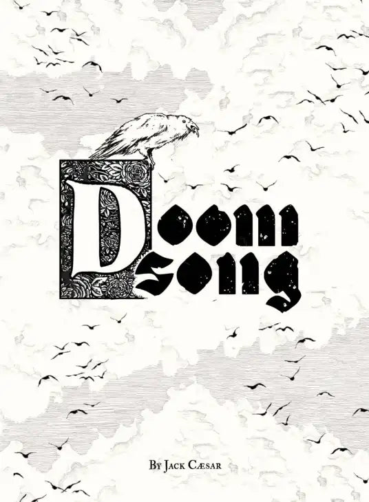 Doomsong - Black and white stylized text "Doom Song" with birds flying around and smoke rising from the letter D.