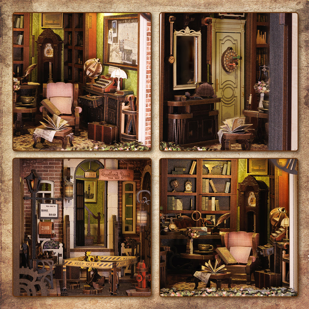 Rose Detective Agency Book Nook (PREORDER) - Four-panel diorama book nook with vintage detective office scenes, warm wood tones, pink armchair, books, clocks, and.