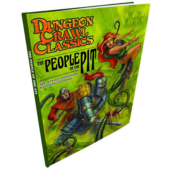 Dungeon Crawl Classics #68: People of the Pit (PREORDER) - Green softcover RPG book with fantasy art of armored knight, red-robed figure, and vine-like tentacles on front cover.