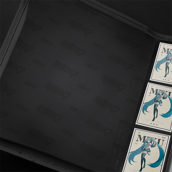 Ultra Pro 9-Pocket Zippered Binder: Hatsune Miku Retro Soundscapes (PREORDER) - Black zippered binder open to show empty interior with subtle branded pattern and three vertically aligned cards featuring.