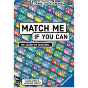 Match Me If You Can - Colorful rectangular party game box covered in cartoon toaster illustrations, titled "Match Me If You Can" with subtitle "We