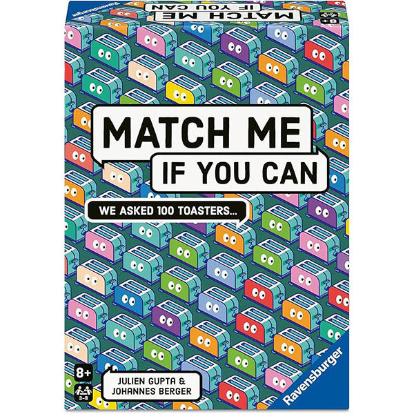 Match Me If You Can - Colorful rectangular party game box covered in cartoon toaster illustrations, titled "Match Me If You Can" with subtitle "We
