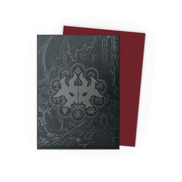 Dragon Shield Dual Sleeves 100ct Box - MTG Guildpact Series - Cult of Rakdos (PREORDER) - Black card sleeves with dark gray intricate demonic emblem, paired with solid dark red sleeves, matte finish, rectangular.
