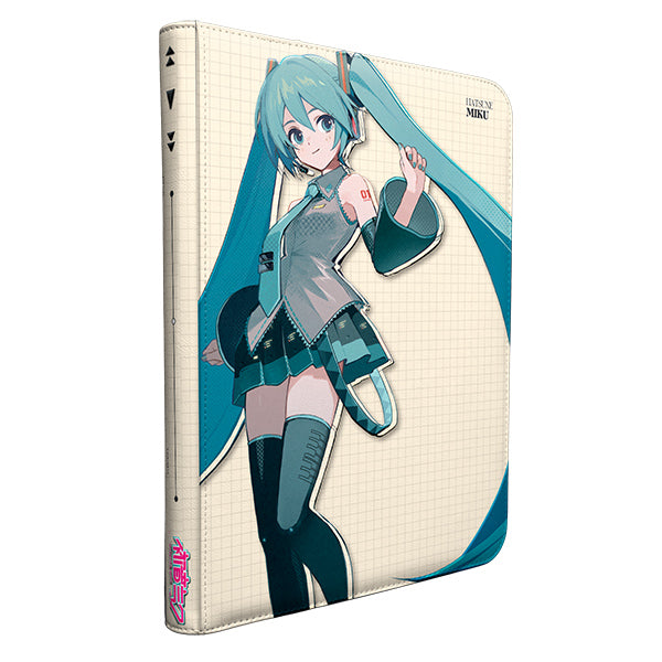 Ultra Pro 9-Pocket Zippered Binder: Hatsune Miku Retro Soundscapes (PREORDER) - White zippered binder with 9 transparent card pockets, featuring Hatsune Miku anime character in teal and black outfit on.
