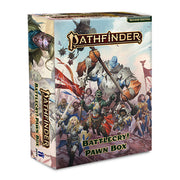 Pathfinder 2E: Battlecry! Pawn Box - Colorful box featuring fantasy warriors and creatures in battle, labeled Pathfinder Battlecry! Pawn Box.