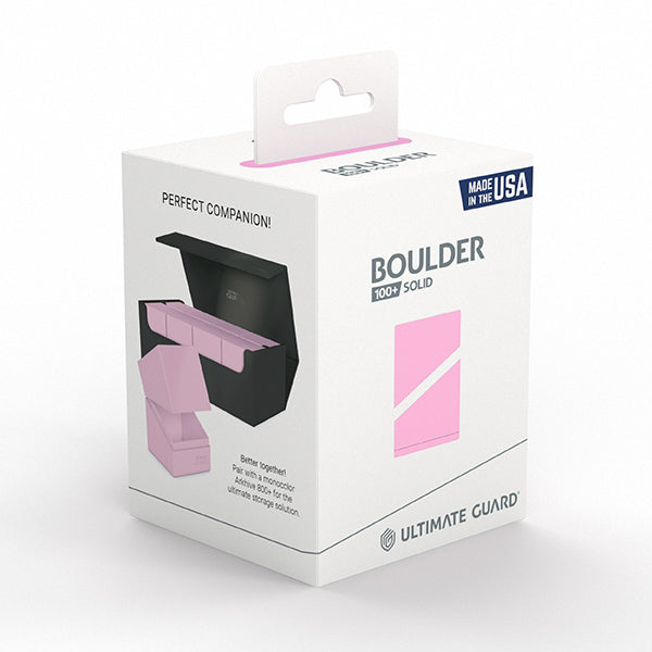 Deck Case: Boulder 100+ Standard Size- Solid Candy Pink - White retail box with pink and black graphics showing a solid candy pink deck case for 100+ standard size cards.