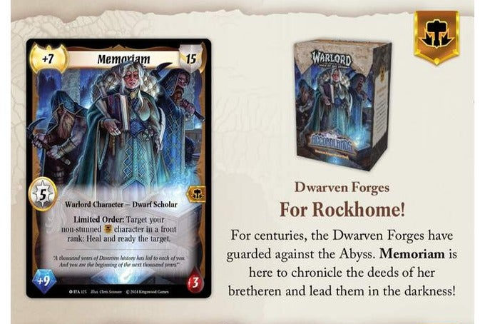 Warlord: Saga of the Storm - Into the Accordlands - Dwarven Forges Starter Deck - Dwarven Forges starter deck box with fantasy-themed card featuring armored dwarf warrior holding a weapon on a dark blue.