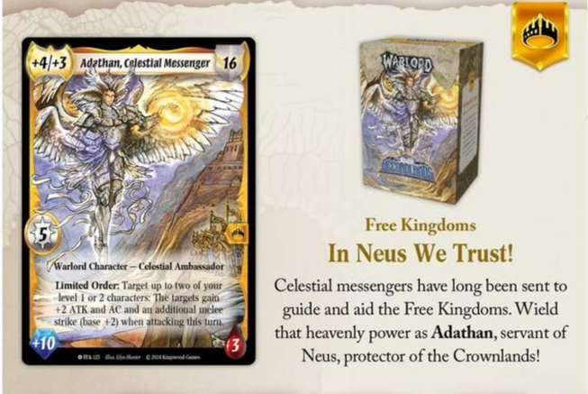 Warlord: Saga of the Storm - Into the Accordlands - Free Kingdoms Starter Deck - Saga of the Storm card game starter deck with fantasy-themed artwork of Adzthur, a celestial messenger on the card,.