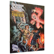 Dungeon Crawl Classics #111: Grave Robbers of Thracia (PREORDER) - Dungeon Crawl Classics RPG book with dark dungeon cover art featuring two adventurers fighting a fiery red skeletal monster.