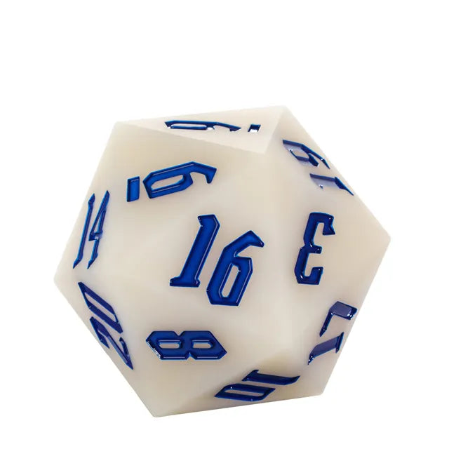 Giant Bouncy D20 - UV Color Change Blue - Large 20-sided white die with raised blue numbers, designed for bouncing and UV color change effects.