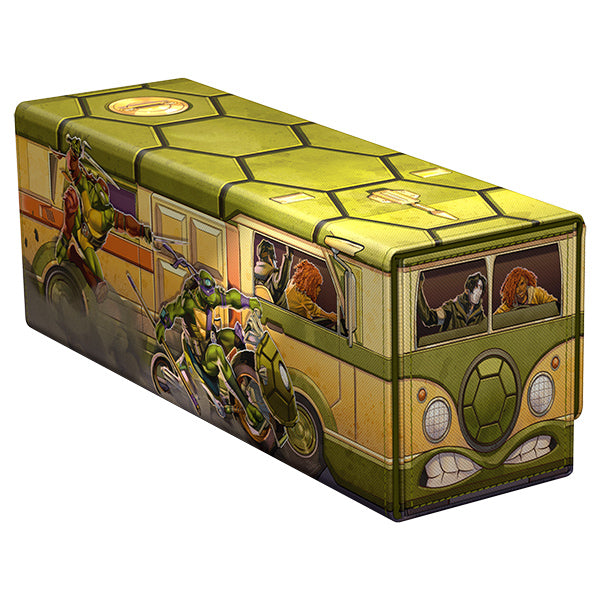 Ultimate Guard Arkhive 400+ Xenoskin Deck Case: Teenage Mutant Ninja Turtles - Turtles Van - Rectangular deck case styled like a green turtle shell van with Teenage Mutant Ninja Turtles riding motorcycles on the side.