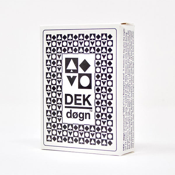 DEK Playing Cards: døgn (PREORDER) - White playing card box with black geometric shapes and "DEK døgn" text in bold letters.