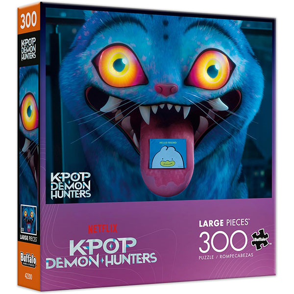 K-Pop Demon Hunters Puzzle - Derpy (300 Piece) (PREORDER) - Colorful puzzle box featuring a blue cartoon cat with large yellow eyes and an extended tongue holding a small character,.