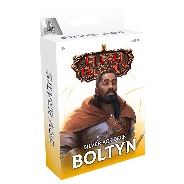 Flesh and Blood TCG: Silver Age Chapter 3 Deck - Boltyn (PREORDER) - Flesh and Blood Silver Age Deck Boltyn box featuring a dark-skinned male warrior with beard, brown cloak, and armor on a.