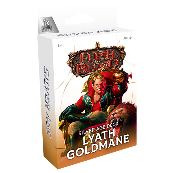 Flesh and Blood TCG: Silver Age Chapter 3 Deck - Lyath Goldmane (PREORDER) - Flesh and Blood Silver Age Chapter 3 deck box with fantasy art of Lyath Goldmane holding a glowing item, red and gold tones.