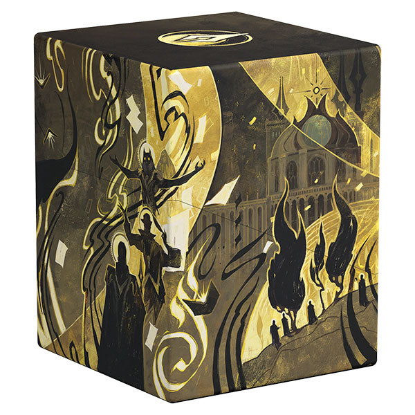 Ultimate Guard Boulder 100+: Secrets of Strixhaven - Silverquill (PREORDER) - Black and gold card storage box with intricate fantasy artwork featuring cloaked figures and gothic architecture.