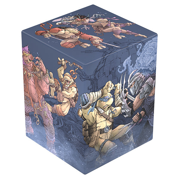 Ultimate Guard RTE Boulder 100+ Deck Case: Teenage Mutant Ninja Turtles - Technodrome Battle - Rectangular blue deck case featuring Teenage Mutant Ninja Turtles and battle scene artwork on all sides, made for card.