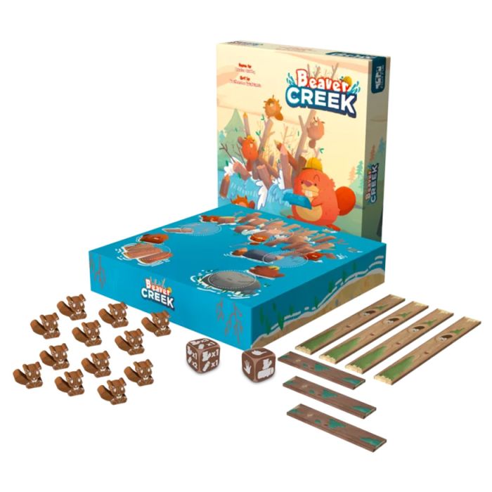 Beaver Creek - Board game set with wooden beaver tokens, illustrated dice, and colorful creek-themed game strips in an open box.