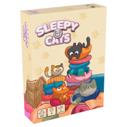 Sleepy Cats - Sleepy Cats card game box with cartoon cats stacked on colorful cushions on a cream background.