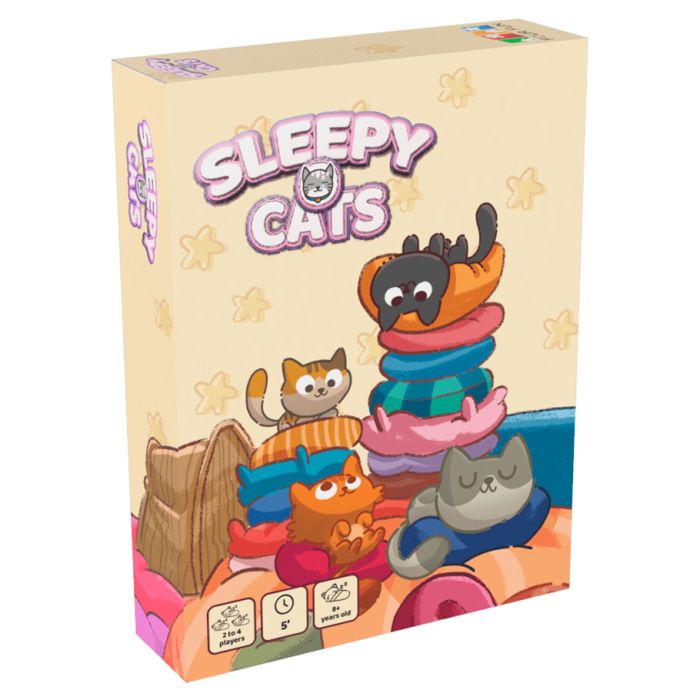 Sleepy Cats - Sleepy Cats card game box with cartoon cats stacked on colorful cushions on a cream background.