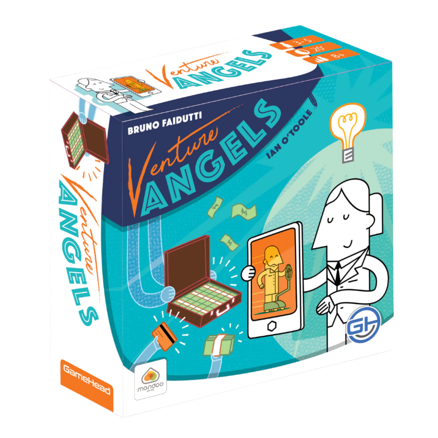 Venture Angels - Venture Angels card game box with teal and orange accents, cartoon angel character, and business-themed illustrations.