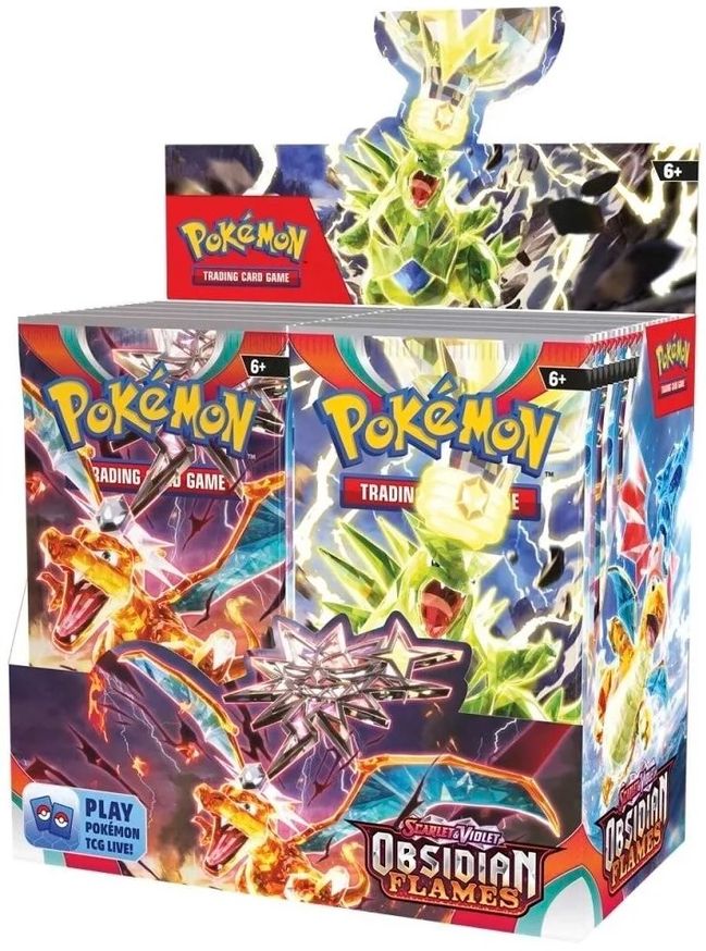 Pokémon Trading Card Game - Scarlet and Violet - Obsidian Flames Booster Box - Colorful Pokémon booster box featuring fiery red and dark obsidian-themed artwork with legendary Pokémon illustrations and.
