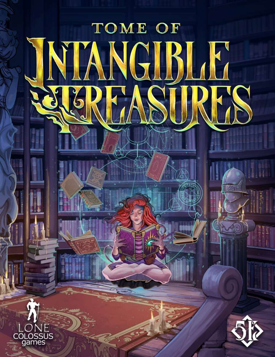 D&D 5E: Tome of Intangible Treasures - Book cover showing a wizard floating and casting spells in a magical library with glowing books and shelves.