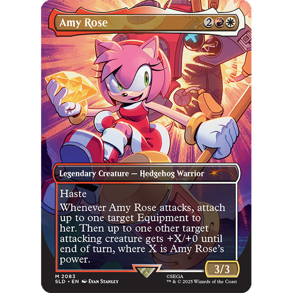 MTG: Secret Lair X Sonic- Friends and Foes, Nonfoil - The Gathering card featuring Amy Rose, a pink anthropomorphic hedgehog in red and white armor holding a golden ring, with.