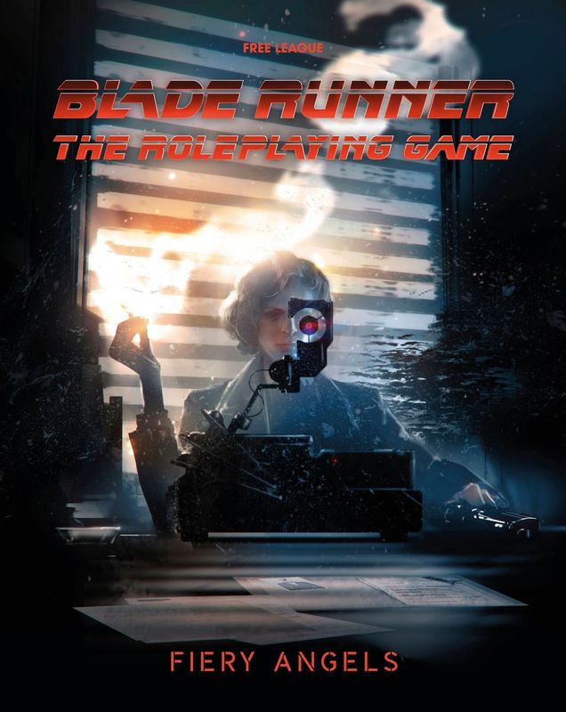 Blade Runner RPG: Adventure Case File 02: Fiery Angels - Blade Runner RPG book cover with a futuristic cityscape, a figure aiming a gun with a glowing red sight, and smoky dark blue